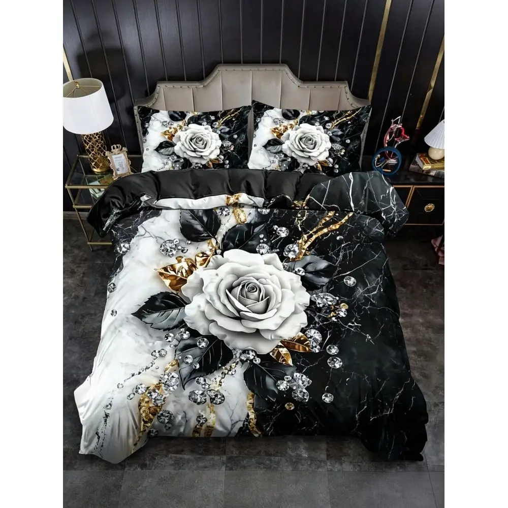 

Luxury Marble Rose Diamond Bedding Set 1 Duvet Cover 1 2 Pillowcase, Pillow Insert Not Included, Elegant Crystal Floral Bedding