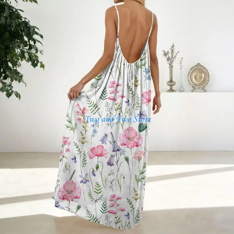 

HX6F Women Backless Cami Dress, Summer Casual Sleeveless House Lounge Dresses, Flowy Long Beach Sundress