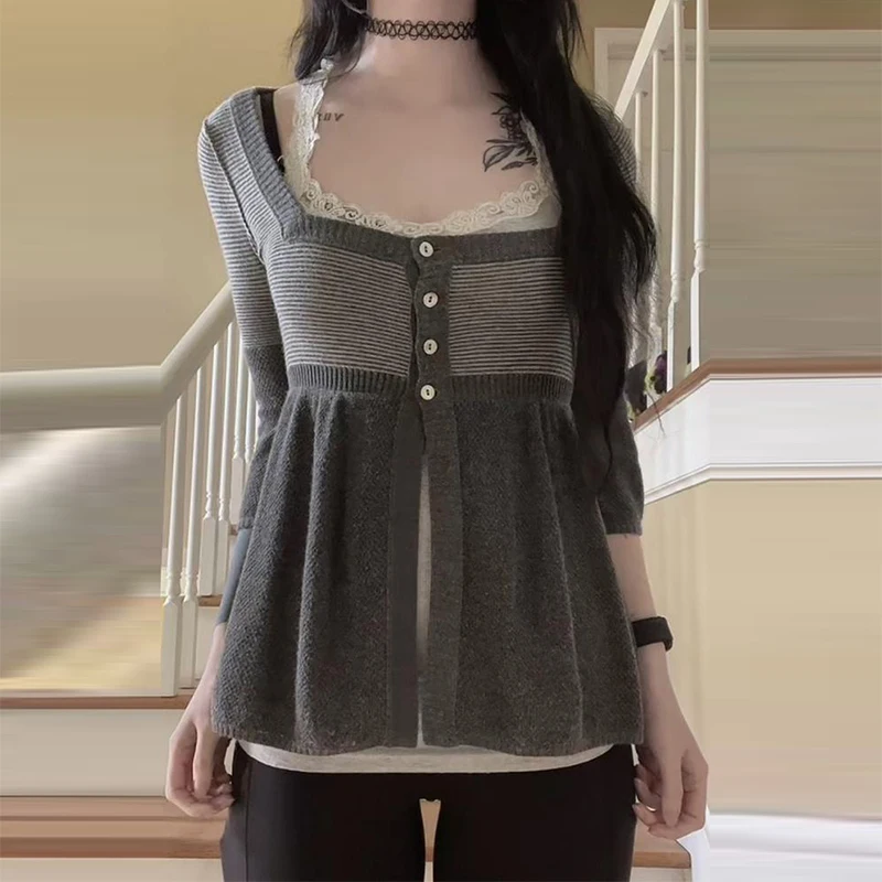 00s Retro Grunge Knitted Milkmaid Tops Fairycore Cottage Y2K Vintage T Shirts Women Striped Square Collar Single Breasted Tees