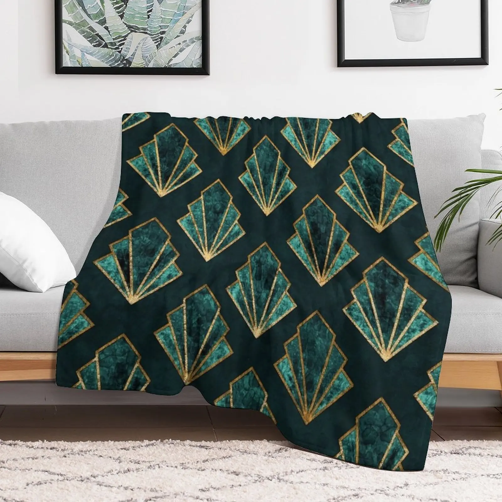 Art Deco Pattern In Emerald Green and Gold Throw Blanket christmas decoration Luxury Blankets