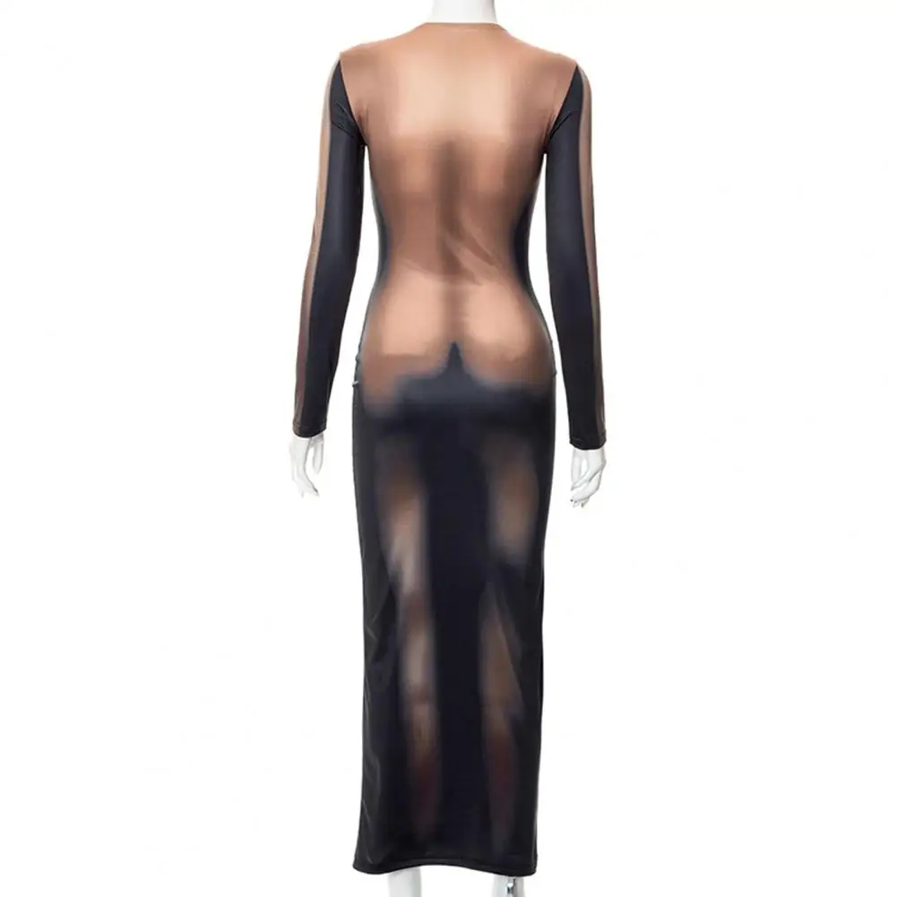 Autumn Dress Long Sleeves Skin-touch Skinny Sexy Unique Aesthetic Body Print Bodycon Dress   Maxi Dress  Clubwear Clothing