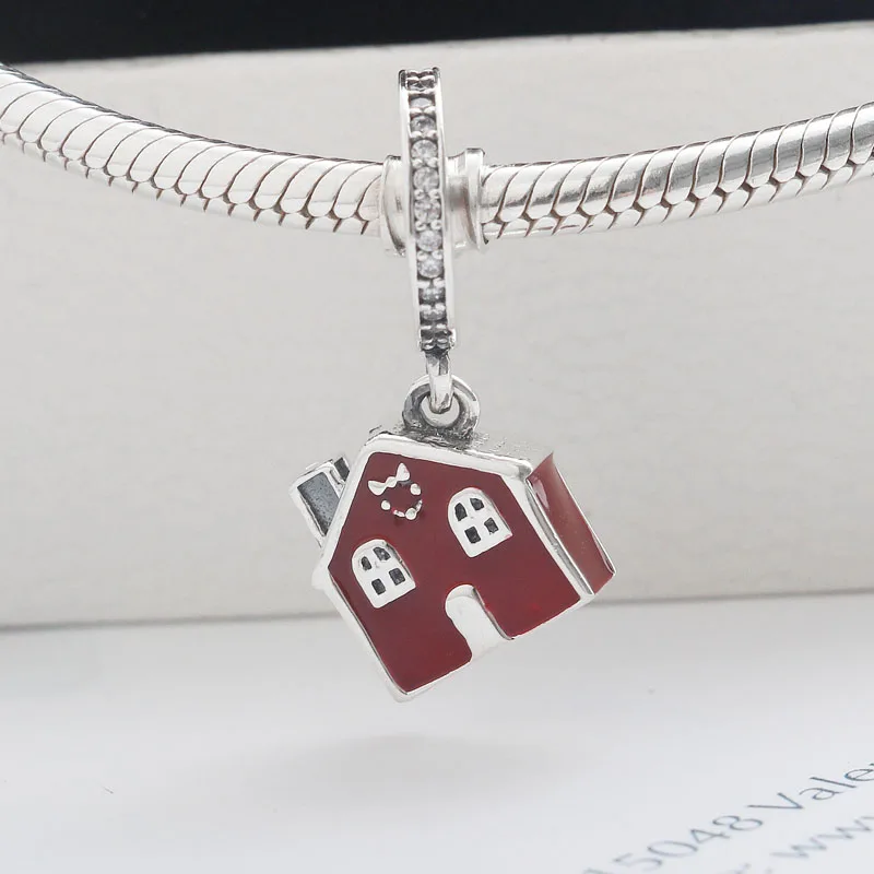 Authentic S925 Sterling Silver Red Enamel Cosy Christmas House With Crystal Pendant Charm Fit Women Bracelet Bangle DIY Jewelry