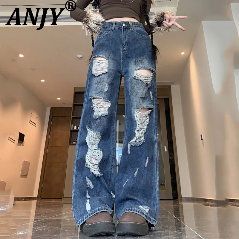 

ANJY, осенние новые женские свободные джинсовые брюки в американском стиле High Street Lazy Style, широкие рваные уличные потертые джинсы A11696