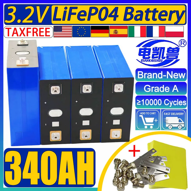 

3.2V 340AH Lifep04 New Grade A rechargeable battery 10000 cycles 3C DIY 12V 24V 48V EV Boat Golf solar energy camping duty-free