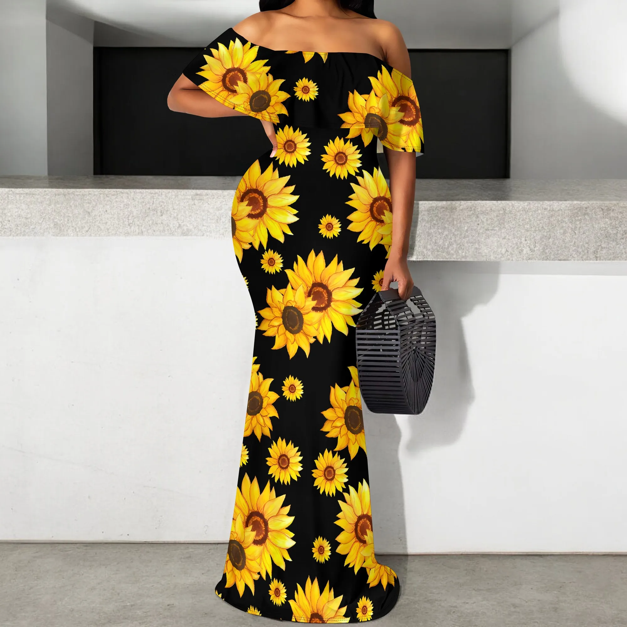 

Nupusa Off Shoulder Maxi Dress Bold Sunflower Print Summer Holiday Bodycon Dress
