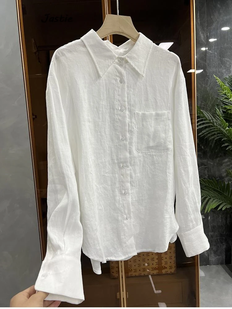 Conjunto de 2 piezas de Camisa de algodón para mujer, blusa holgada de manga larga y pantalones cortos informales con cintura elástica, color blanco, primavera y verano, 2024