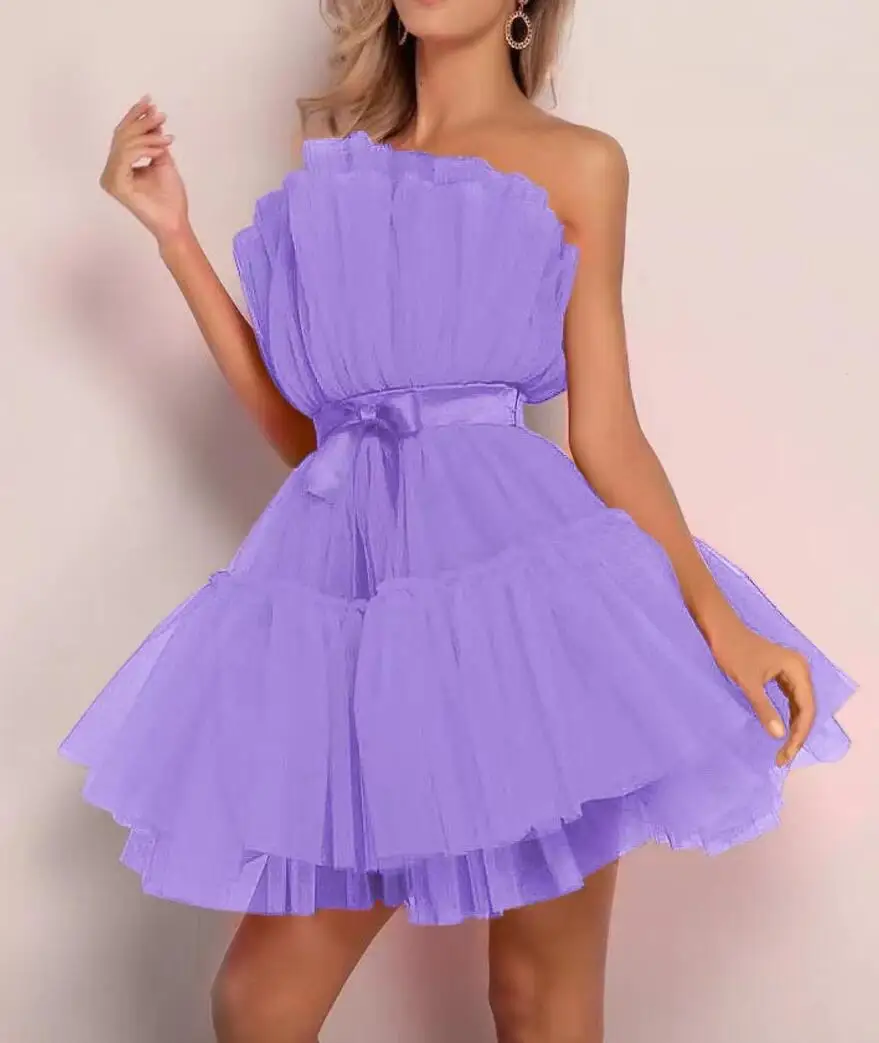 여성용 섹시한 민소매 끈이 없는 메쉬 단색, 슬림핏 푹신한 원피스, 8 가지 색상, 새로운 패션