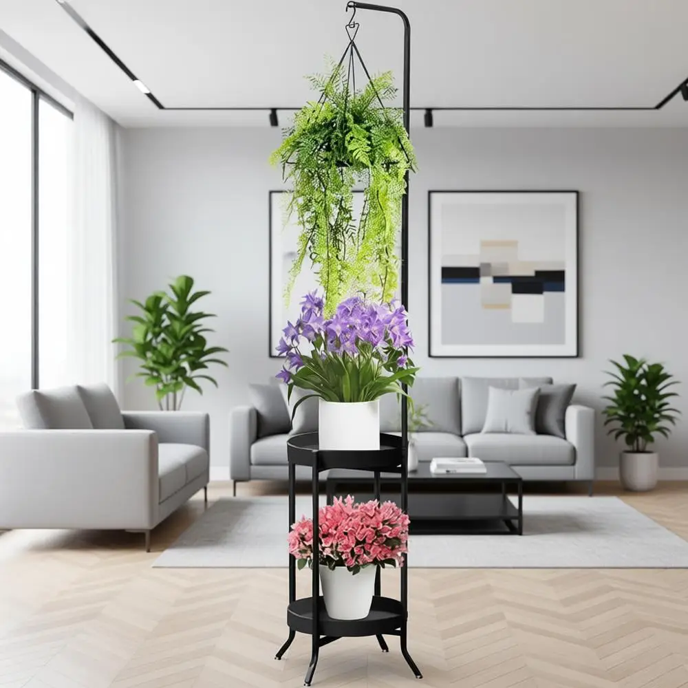 

Space-Saving 2-Tier Metal Plant Stand, 61 Tall, Holds 3 Potted Plants, Suitable for Indoor and Outdoor Use, Black