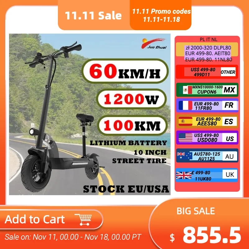 1200W Electric Scooter with Seat 60KM/H E Scooter 48V 26AH Disc Brake Spring Suspension 10 Inch Street Tire 100KM Long Range