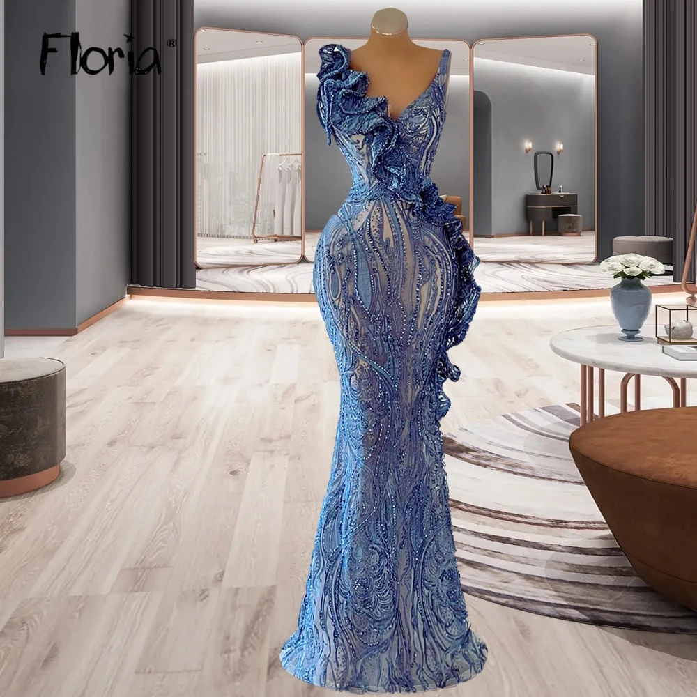 Blaue Spitze Rüschen Party kleid Meerjungfrau elegante formelle Kleider für Hochzeit Dubai Verlobung kleid Geburtstags feier tragen Ballkleid