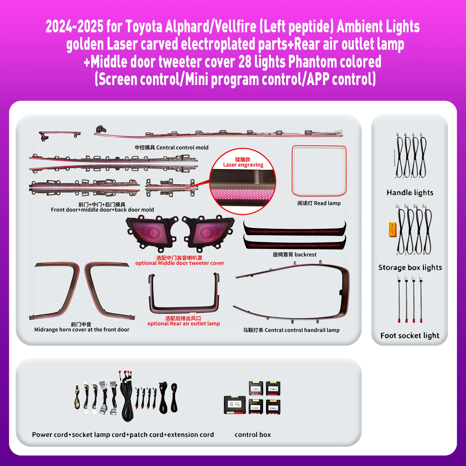 For Toyota Alphard/Vellfire 2024-2025 APP Control Ambient Light Dashboard Decorative LED Atmosphere Lamp illuminated Strips