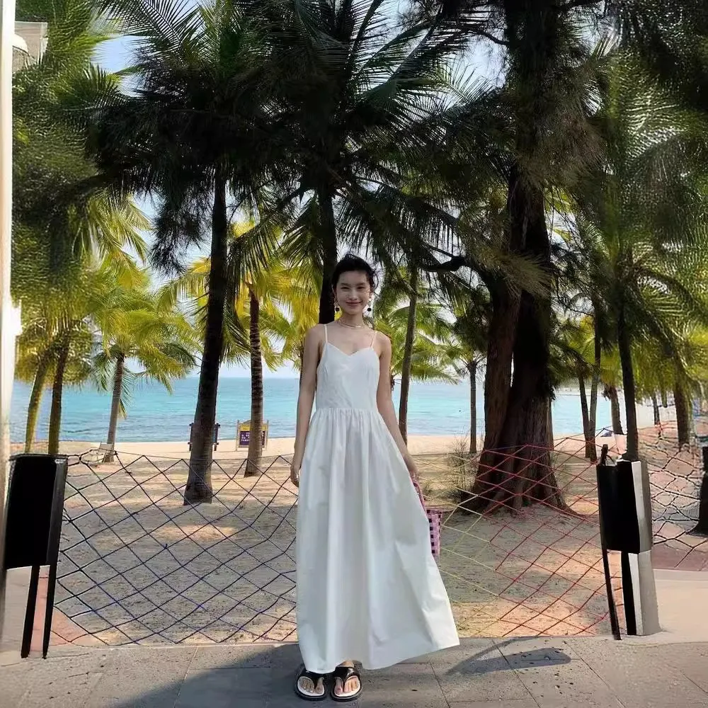 Cotton Plant Dyeing Slim Fit Summer Simple Artistic Strapl Dr Gentle Sle Elastic Waist A-Line Skirt White  Material