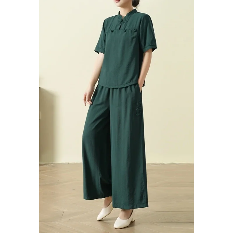 

Women New Chinese Frog Button Short Sleeve Top Wide Leg Pants Two Piece Casual Set