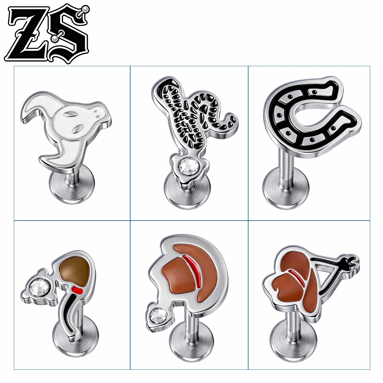 ZS 18G 1 Piece/1 Pair Stainless Steel Ear Lip Studs Internal Thread Stud Earrings Longhorn Hat Labret Lobe Helix Tragus Piercing