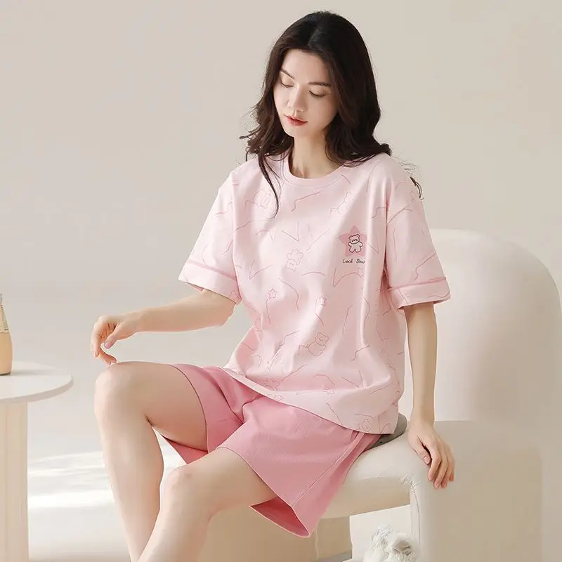

Летние пижамные комплекты 2026 года с коротким рукавом из 100% хлопка с принтом для женщин: милые корейские шорты, домашняя одежда, пижамы для дома