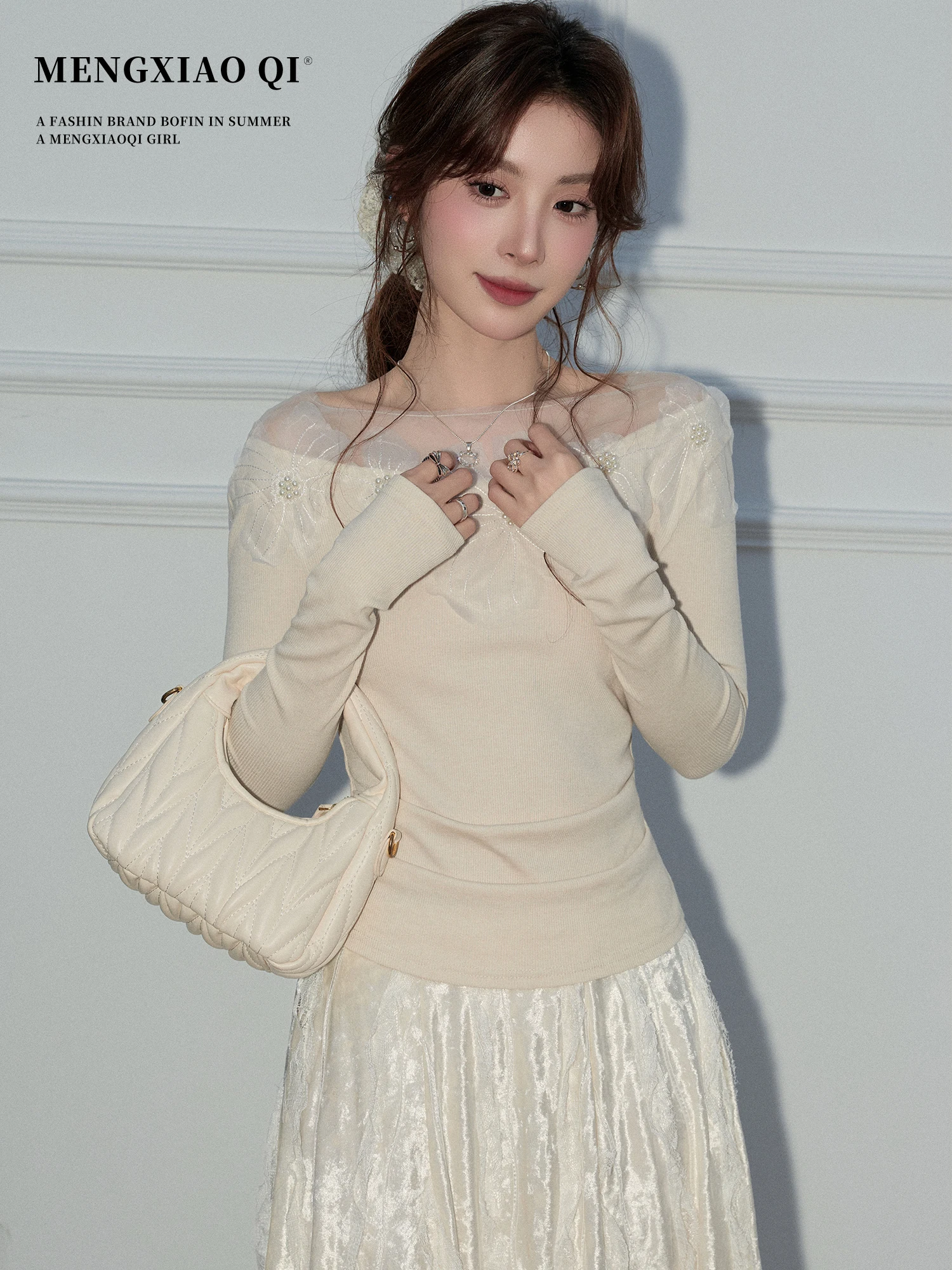 

Meng Xiaoqi Women's Lace Splice oulder Bared Long Sve Base irt Slim Fit Sle Pure Desire Inner Wear Spring Season