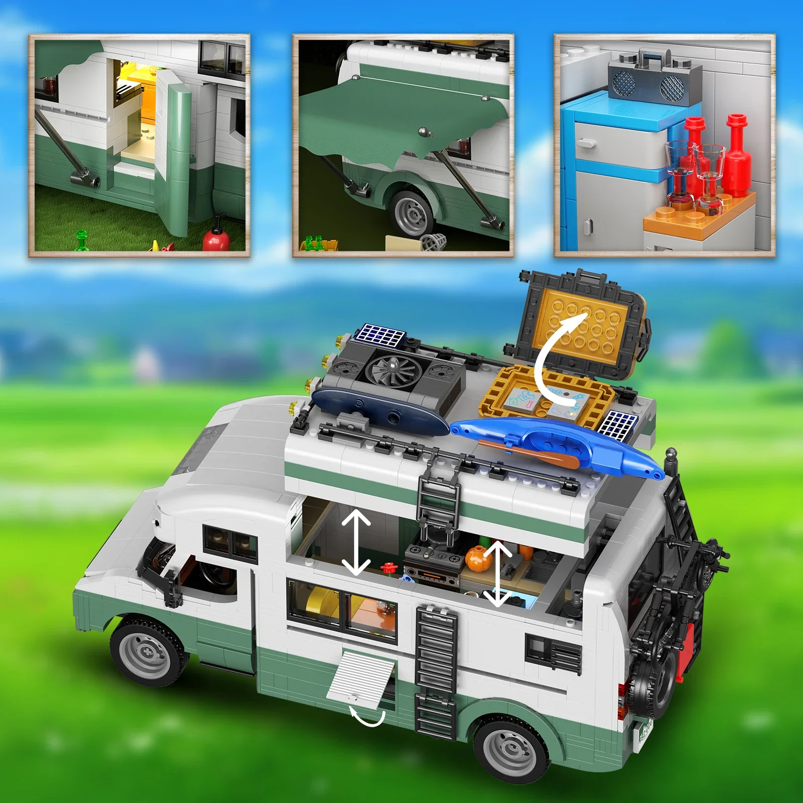 MOC-Camping-car Van de vacances, kit de nuit de construction avec boîte et lumière, grands véhicules, modèle de caravane, jouets de collection