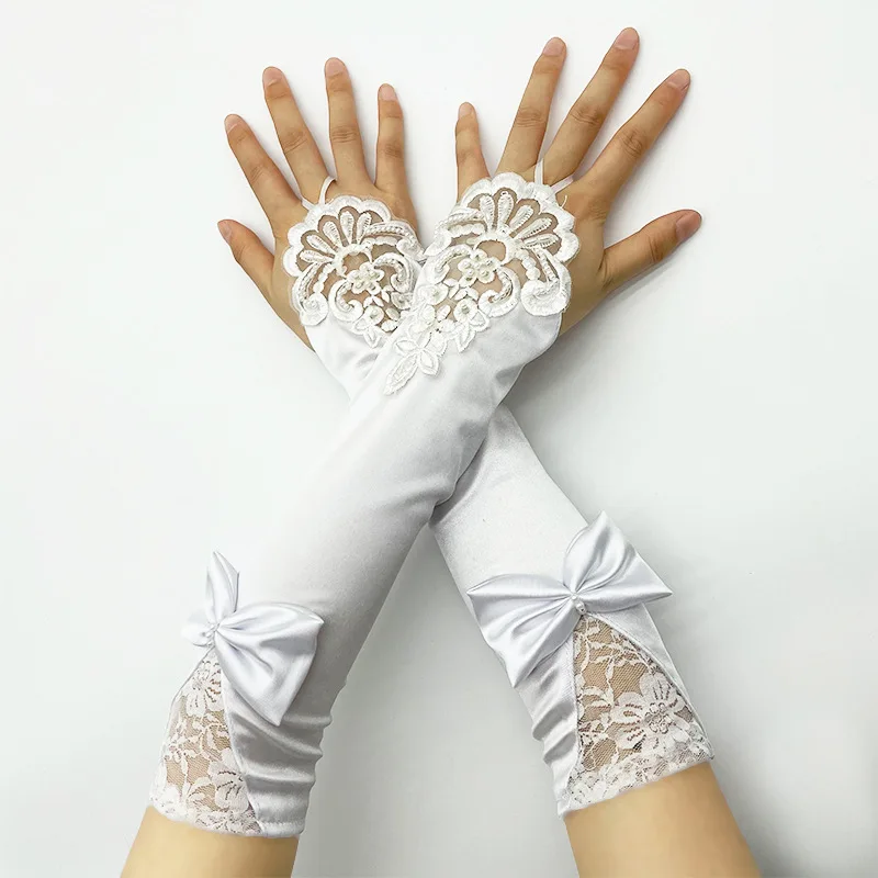 Guantes de satén con lazo para mujer, etiqueta bordada suave, Sexy, sin dedos, gancho de dedo, estilo Retro, accesorios de vestido de noche