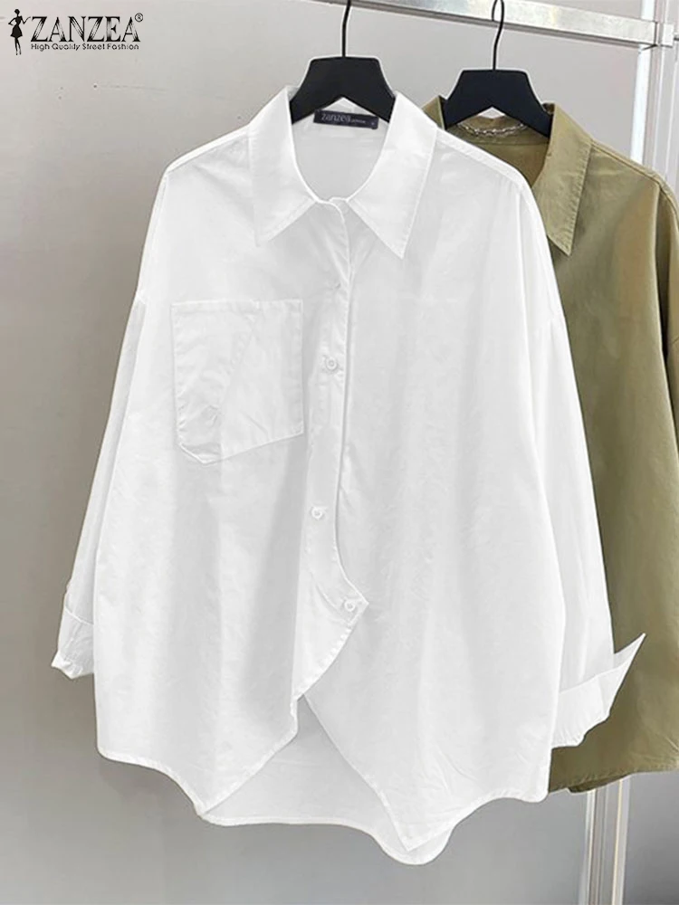 

ZANZEA Chic Fashion Asymmetrical Hem White Shirts Women Oversized Collared Long Sleeve Button Up Chemise Femme Autumn Loose Tops