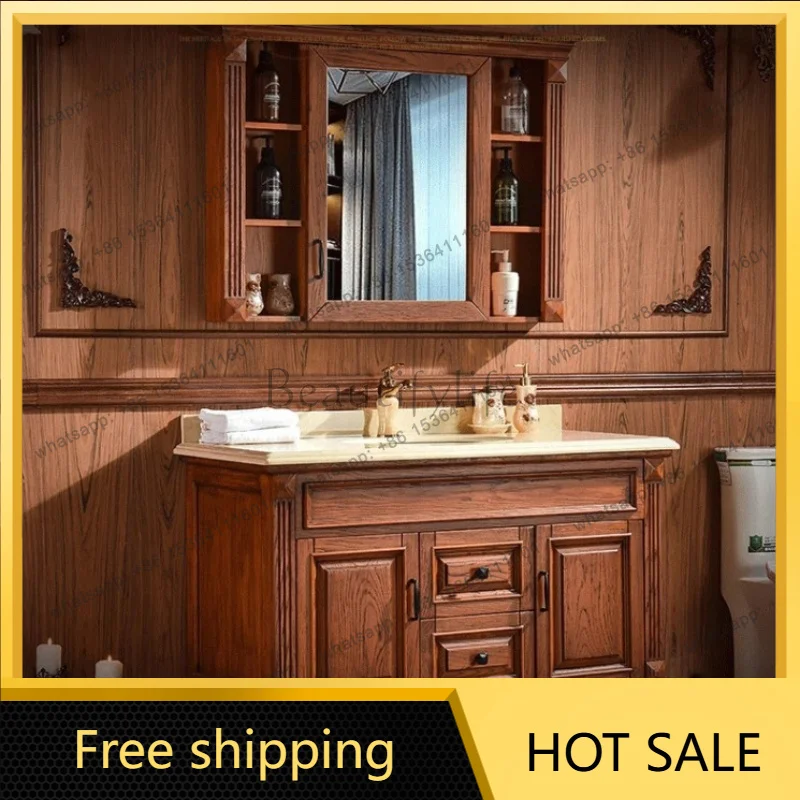 YJ American Red Oak Solid Wood Bathroom Cabinet Floor-Standing Washroom Furniture with Toilet Wash Basin and Storage Mirror Cabi