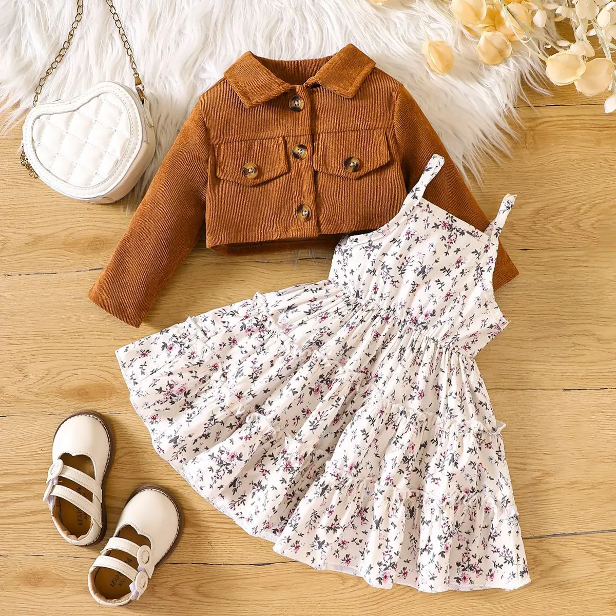 1-2 year old new baby girl spring and autumn floral camisole pleated dress+lapel long sleeved small jacket set