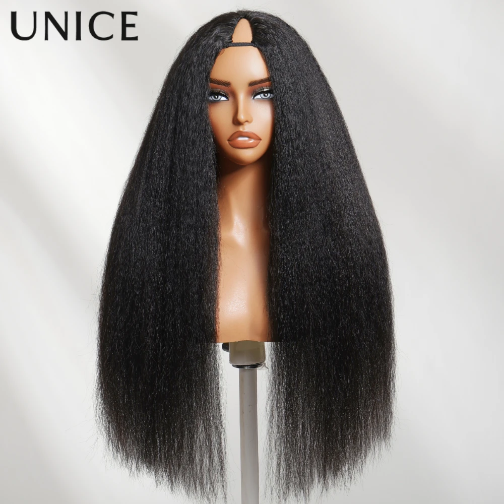 Unice cabelo kinky reta v parte peruca mistura sem costura cabelo humano clip-in peruca com cordão 150% densidade