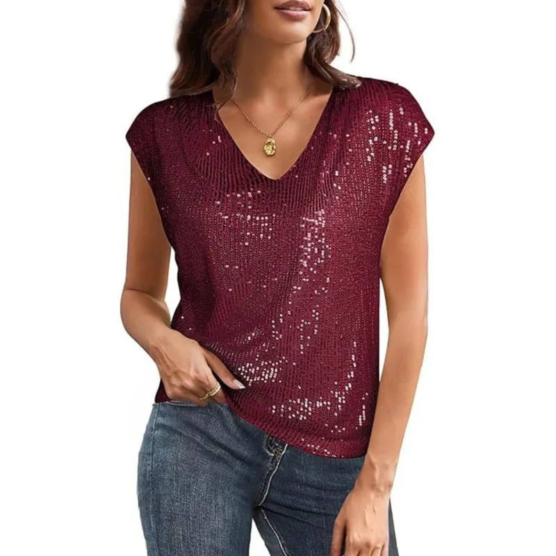 Boho Vintage Women's Blouses Summer Fashion Raglan Sleeve Sequined Slim V-neck Solid Color Tops T-shirt Shirt For Women Clothing