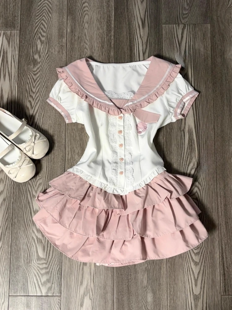 

Sweet Lolita Preppy Style 2 Piece Sets Women Y2k Design Tops + High Waist Chic Skirt Female Kawaii Princess Retro Outfits Summer
