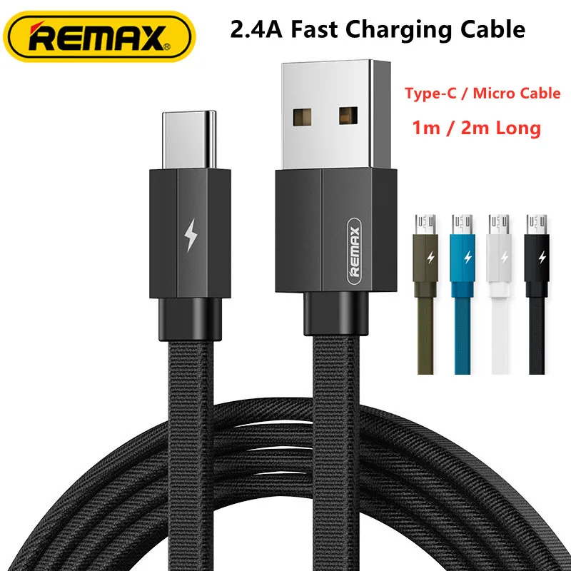 Remax 2.4A 고속 충전 케이블 2.1A 2M 길이 케이블, 타입-C 마이크로 USB 케이블 고속 데이터 전송 편조 와이어 