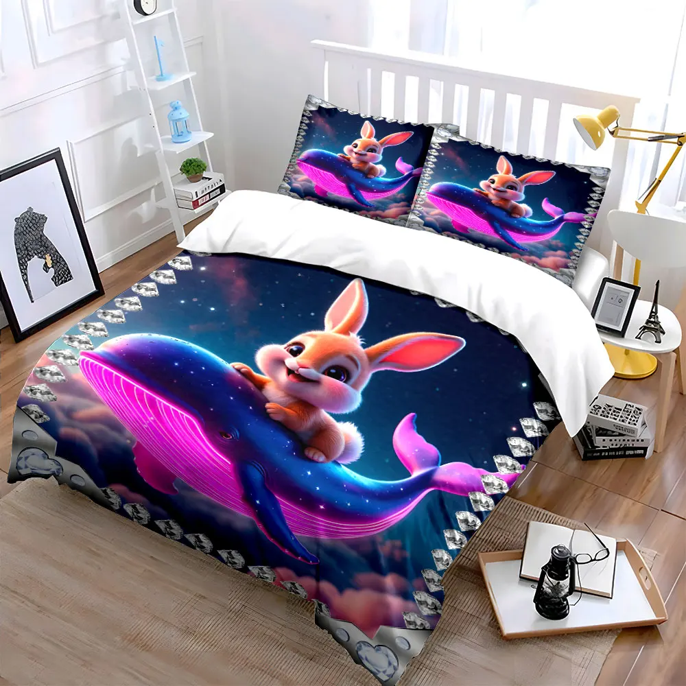 Dreamy bunny rides neon whale Bedding Set for Kids Luxury Gift 3pcs Digital Print Comforter Set Soft Comfortable Breathable