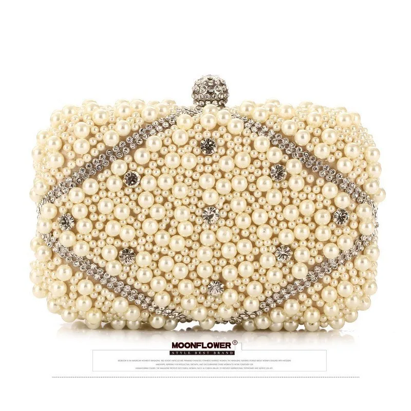 بلورات فاخرة مطرز اللؤلؤ مساء حقائب يد حفل زفاف حقيبة يد موضة المرأة الأبيض البيج سلسلة طويلة حقائب كتف #5