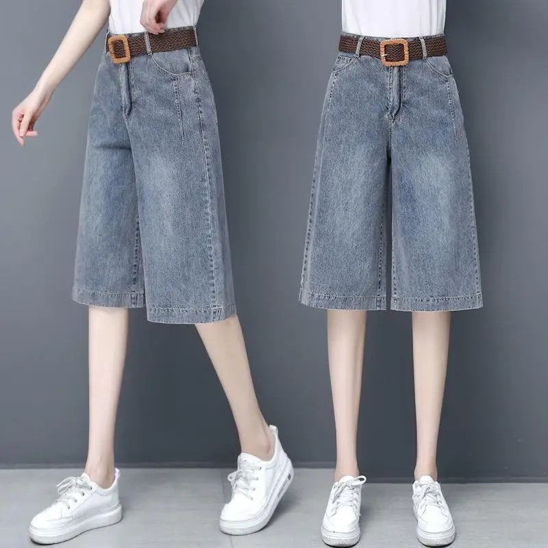 

High Waist Wide Leg Jeans orts Thin Five-Point Women's Set Summer Loose Seven-Point Skirt Pants Deep Blue Color