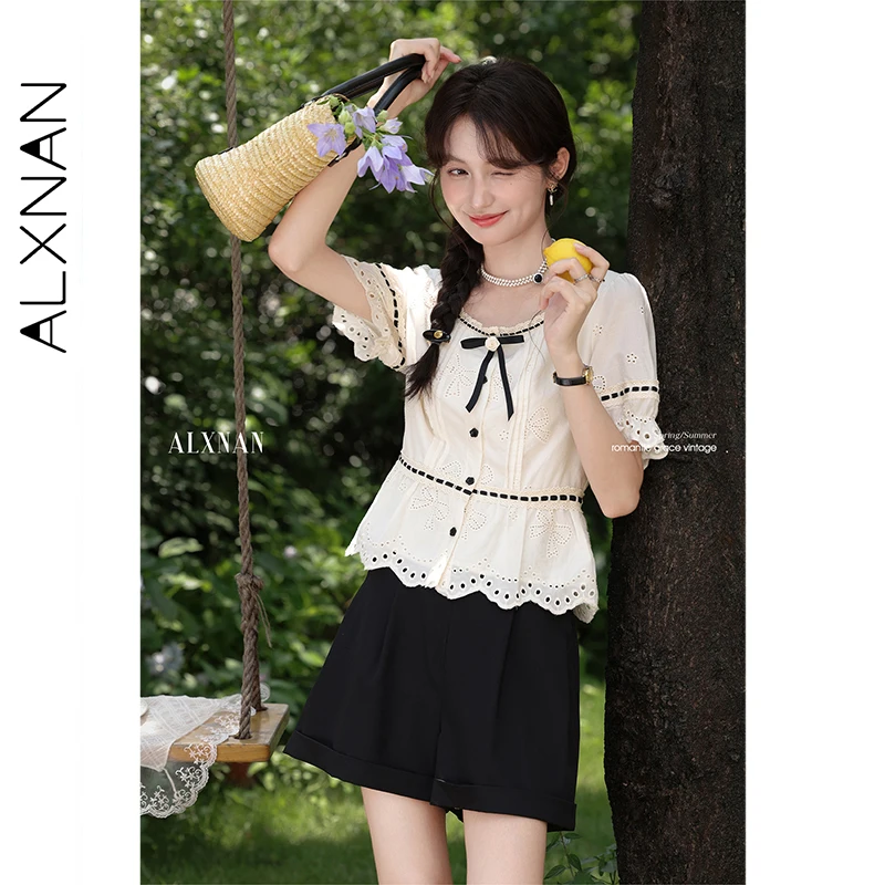 ALXNAN Damen-Hemd, weißer Spitzenkragen, Spitze, hohles Design, Hemden, 2025, Sommer, lässig, lockere Passform, Kurzarm-Tops, Damen, L56238