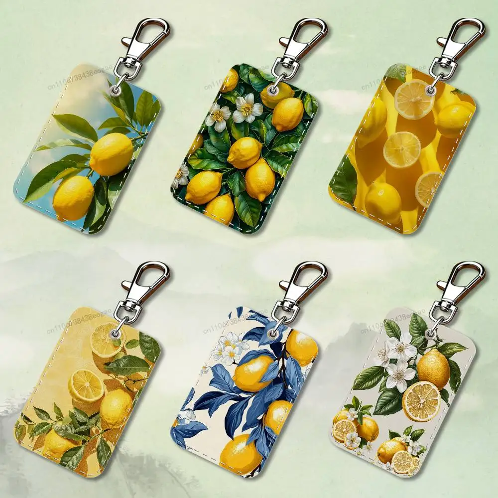 

Fruit Art Lemon Painting Rectangle Card Case Keychain Access Card Bag Key Tag Ring Leather Card Holder Key Ring Access