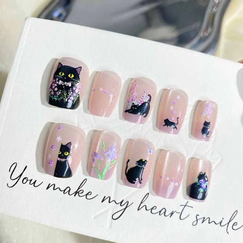 

10 шт., милый черный кот, аромат, сладкий цветок, ручная работа, пресс для ногтей, квадратная головка, нашивка для ногтей, кошачий глаз, ломтики ногтей, искусственные ногти, искусство