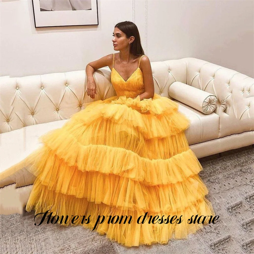 

Flowers Sunny Yellow Prom Dress Multilayers Tulle Celebrity Dress with Open Back Evening Dresses A Line Formal Gown Customized