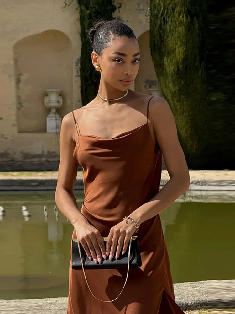 Elegante cetim longo estilingue vestido feminino sem costas sem mangas alta fenda vestidos de festa feminino verão senhora moda roupões de noite