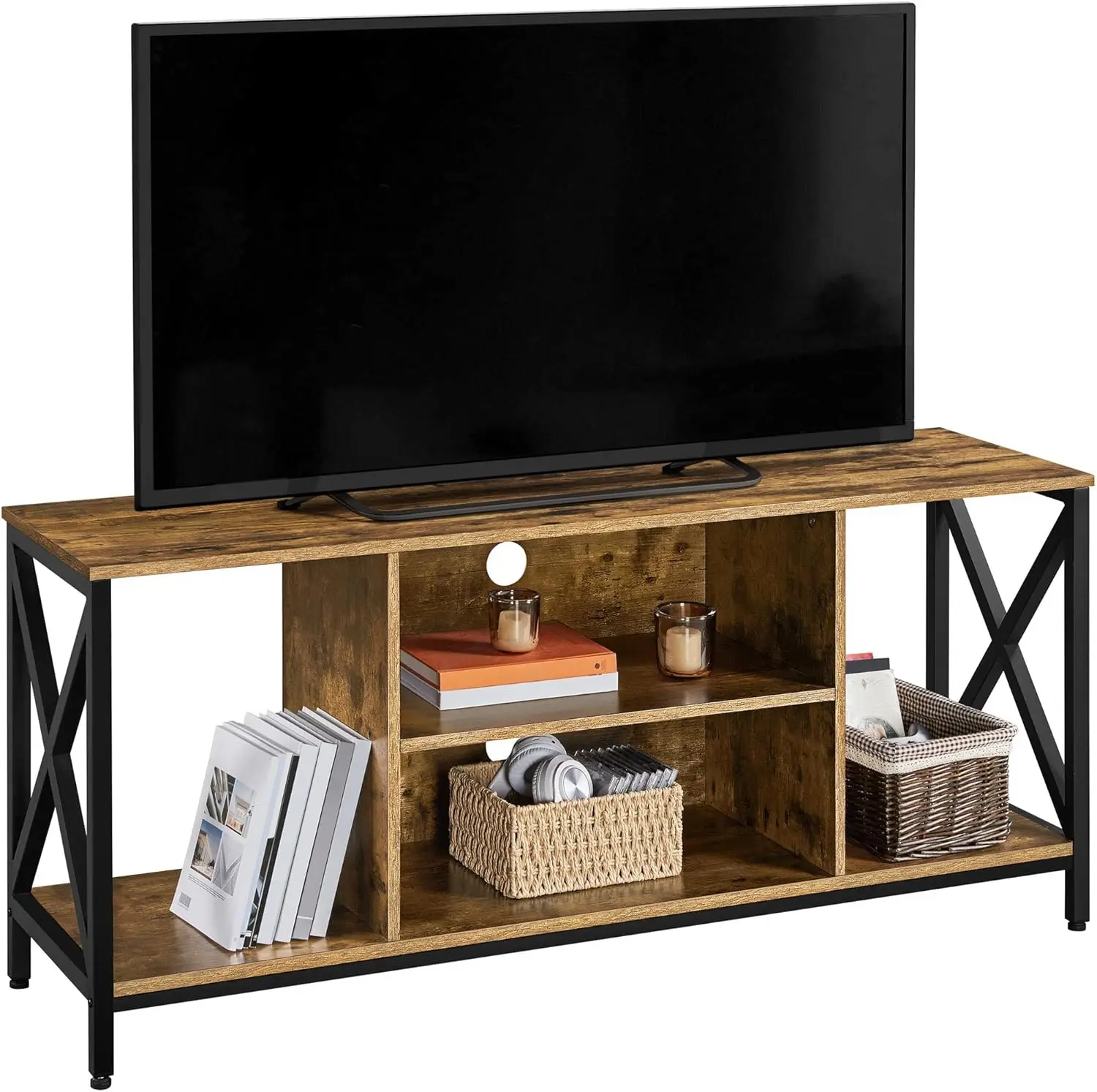 

65 inch TV stand, wooden TV stand with bookshelf and metal frame, corner entertainment center with storage space in living room