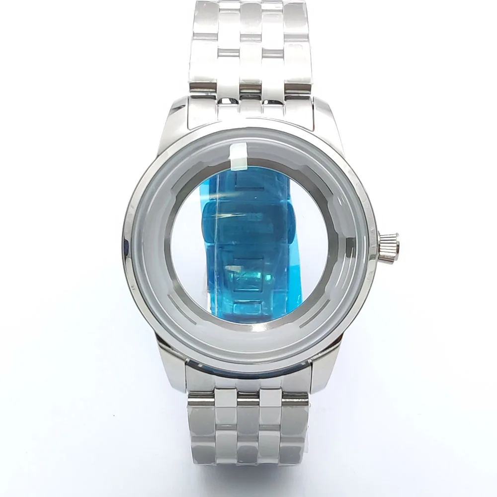 40 มม.ค็อกเทลเงินสแตนเลสสตีลนาฬิกากระจกโค้งพอดี NH35 NH36 การเคลื่อนไหวโปร่งใสฝาหลัง