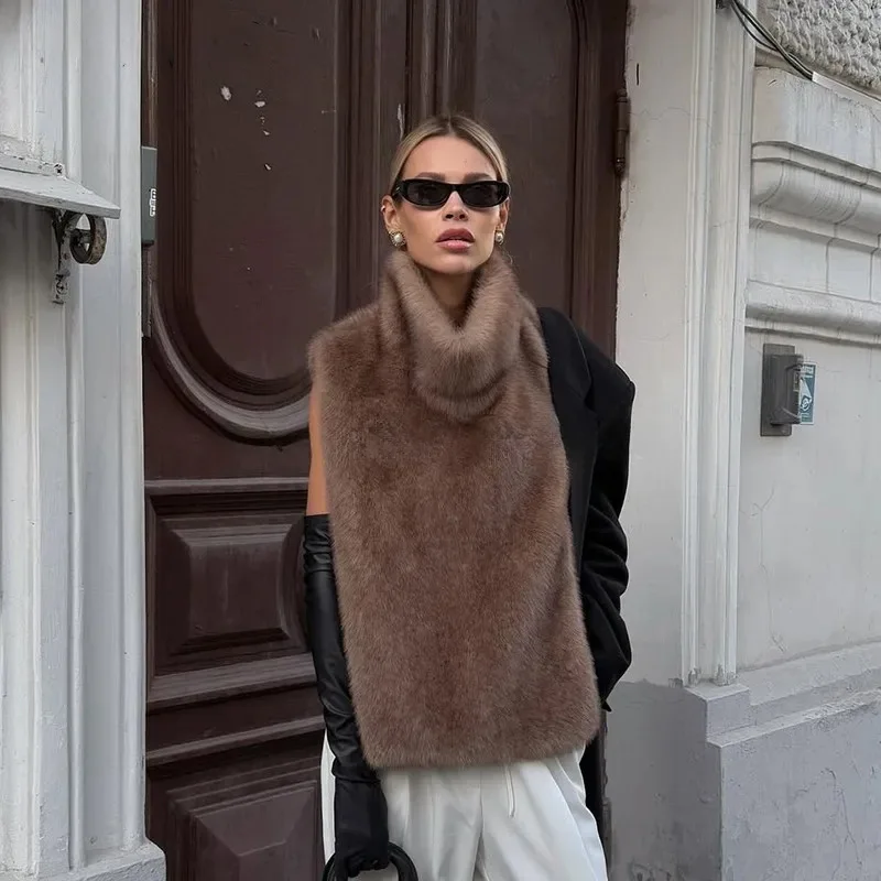 Women Elegant Faux Fur High Neck Sleeveless Vest Plush Fluffy Top Streetwear Party Outerwear