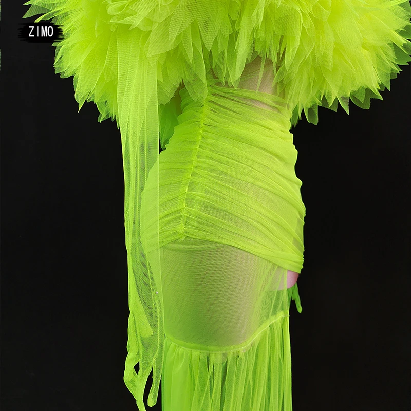 2022 neon green mesh dress sexy spaghetti strap See-through Detachable with tail party wedding birthday outfits for women stage