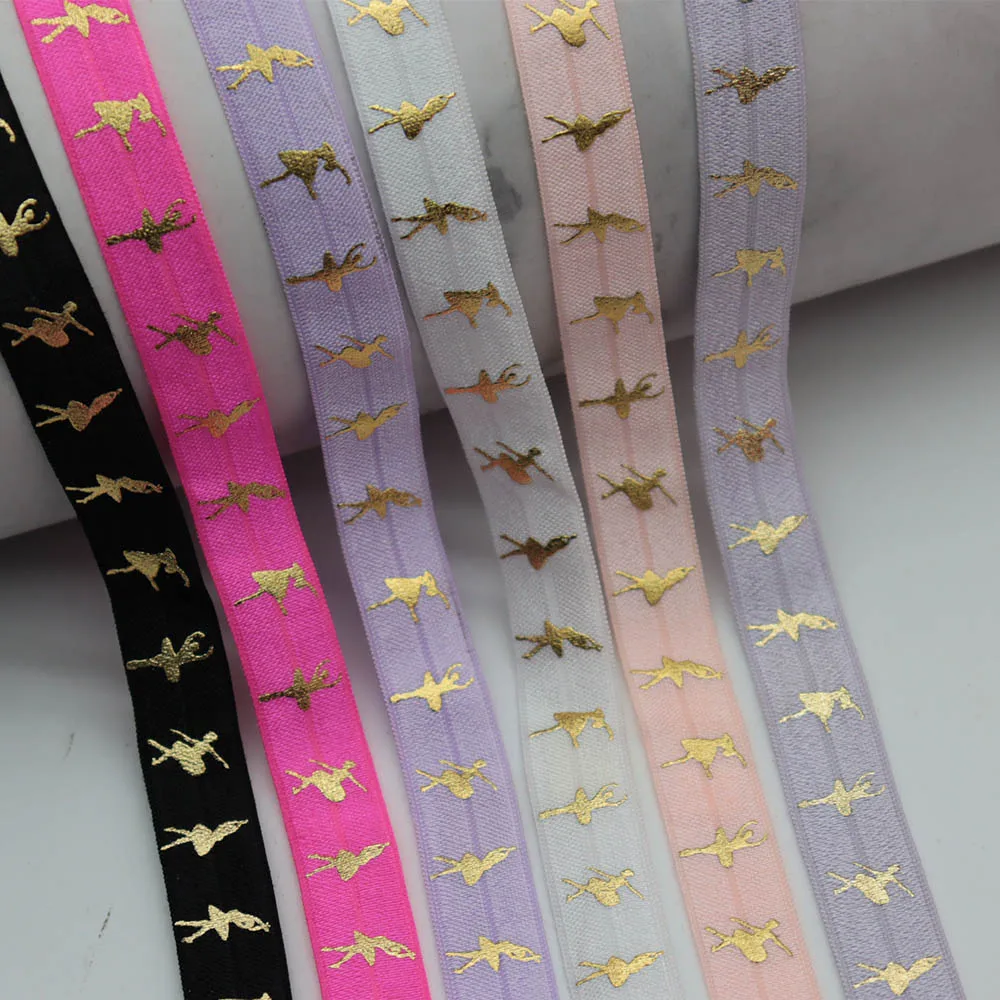 

5/8" 15mm Gold Foil Ballet Dancer Printed FOE Band Fold Over Elastic Ribbon For Hair Ties Headbands DIY Sewing Accessories