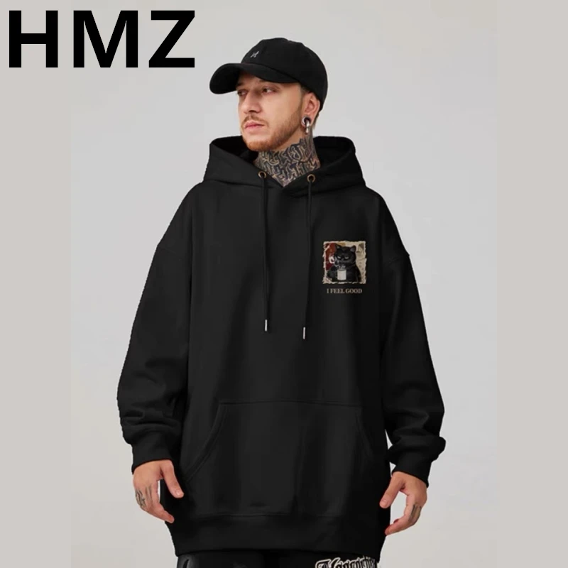 HMZ Coffee Cat Print Hoodie High Street Hip Hop Loose Hoodie Winter Men Casual Street Cartoon Hooded Oversized Sweatshirt Unisex