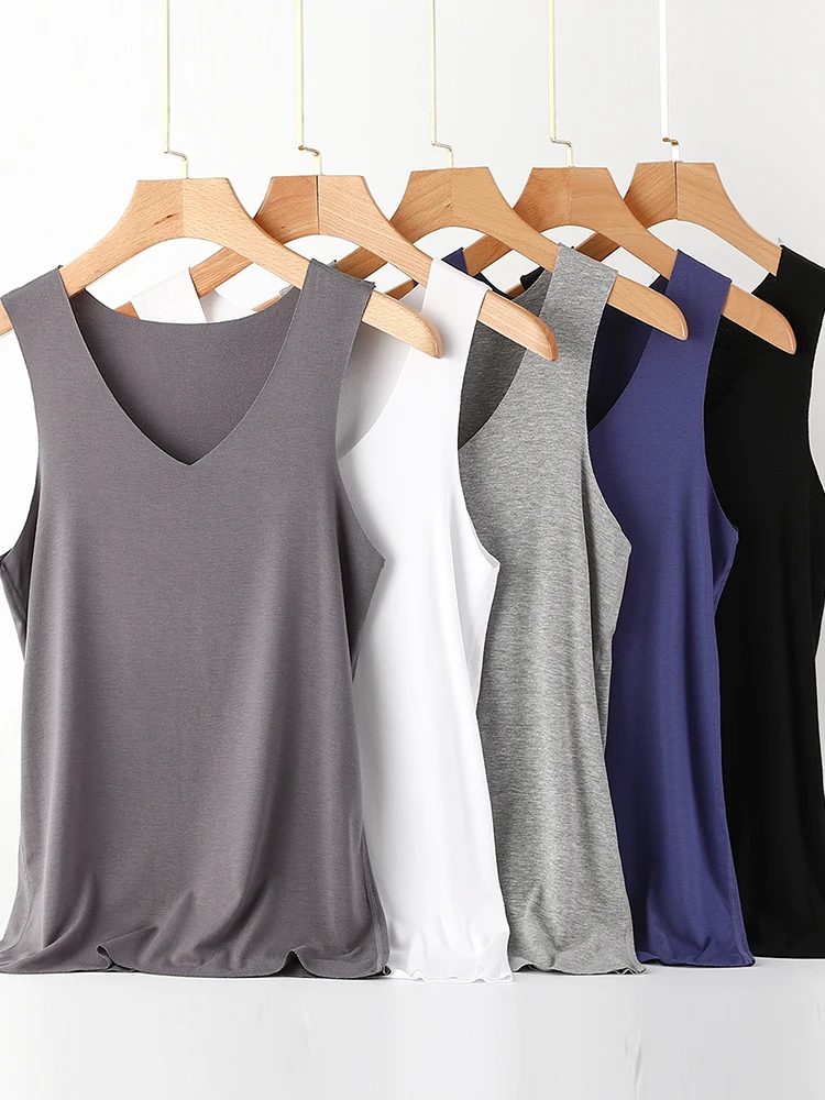 Modal Men's V-Neck Tank Top Summer Thin Seamless Base Shirt Large Size Loose Sleeveless Overjump Sweatshirt T-Shirt