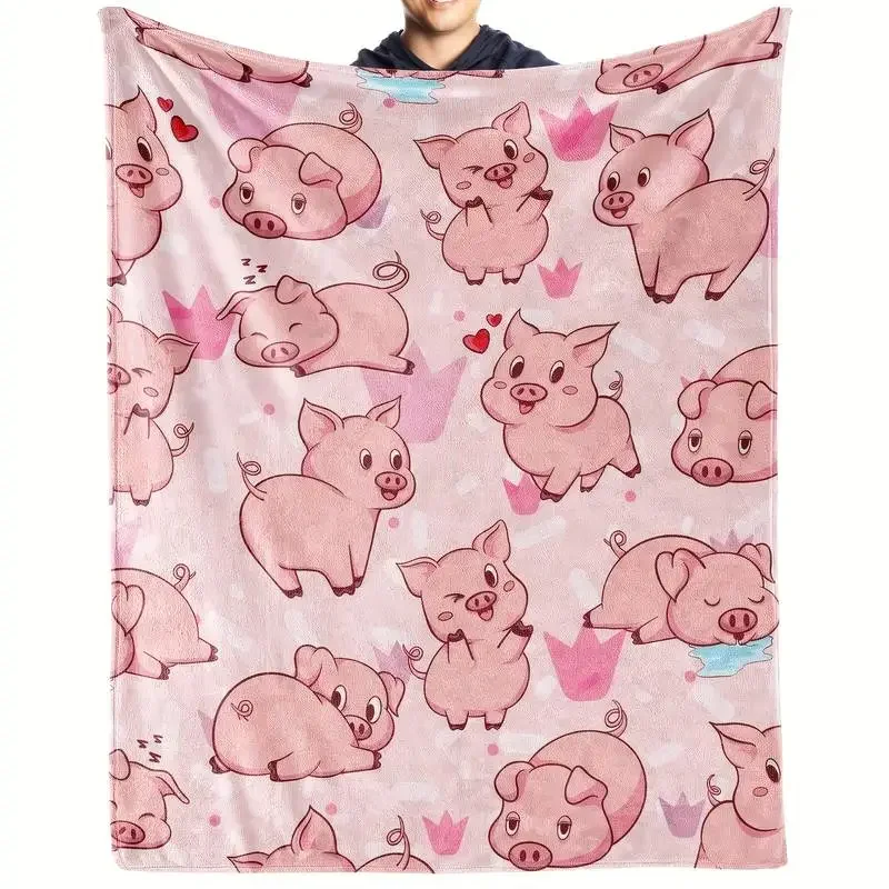 Cute Pink Cartoon Pig Pattern Throw Blanket Adorable Farm Animal Themed Soft Blanket Cheerful Cozy Decor