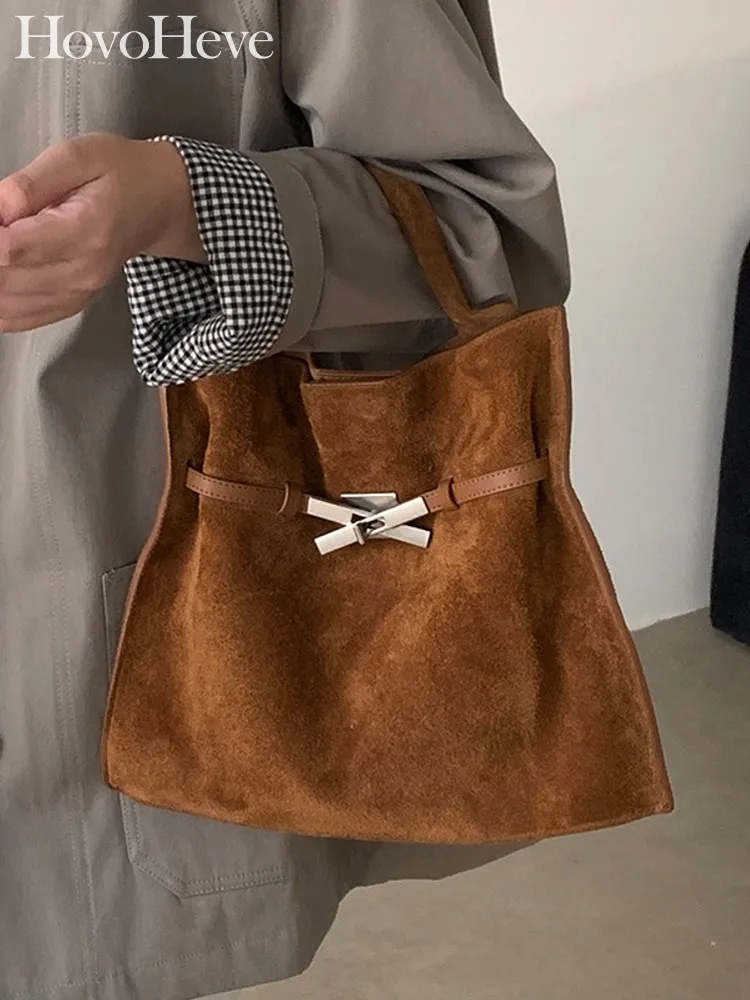 

Versatile Women Elegant Retro Buckle Suede Genuine Leather Shoulder Totes Casual Female Office Handbag Underarm Crossbody Bag