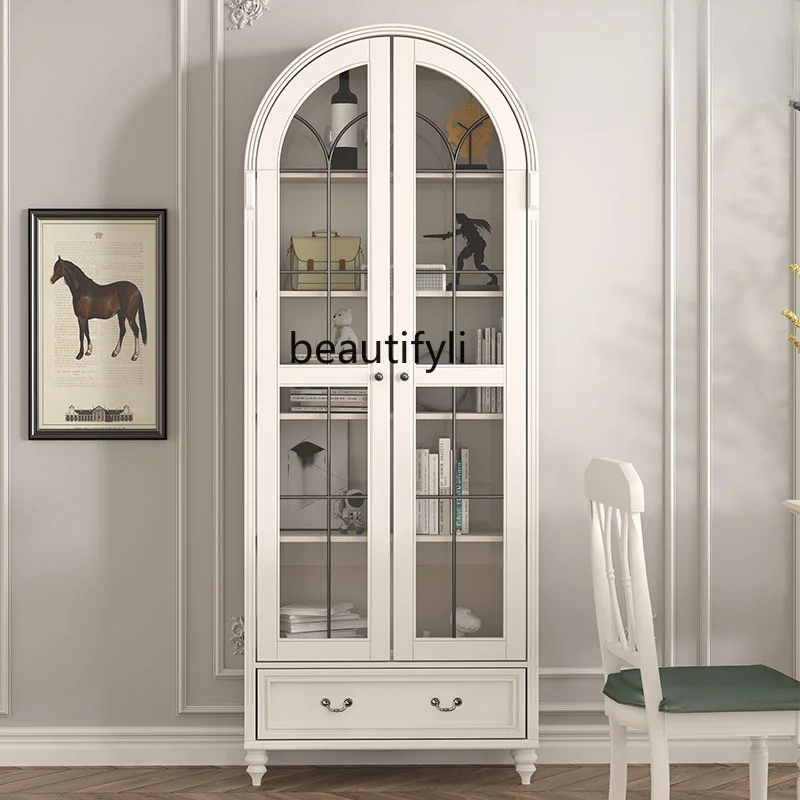 Solid Wood American-Style Arched Vintage Glass Door with Door Dust-Proof Bookcase Wine Cabinet Storage Cabinet