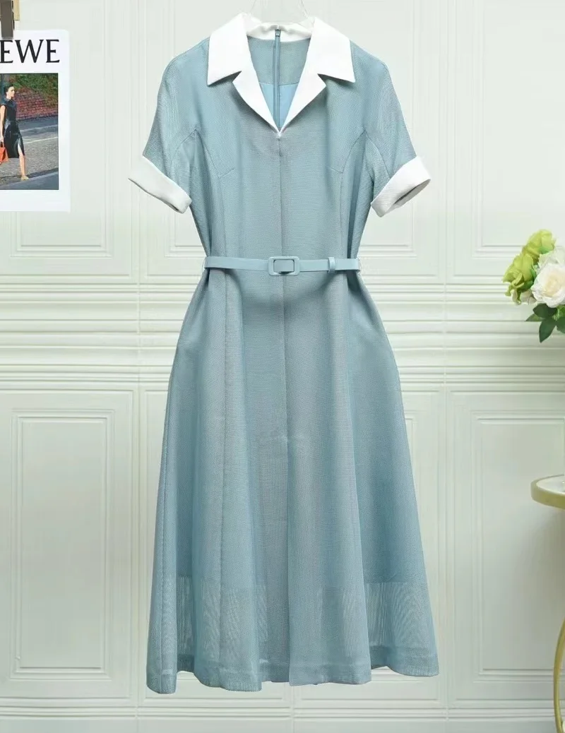 

XXXL Women Dress 2024 Summer Luxury Clothes Lady White Turn-down Collar Belt Deco Short Sleeve Mid-Calf Blue Pink Dress Work OL