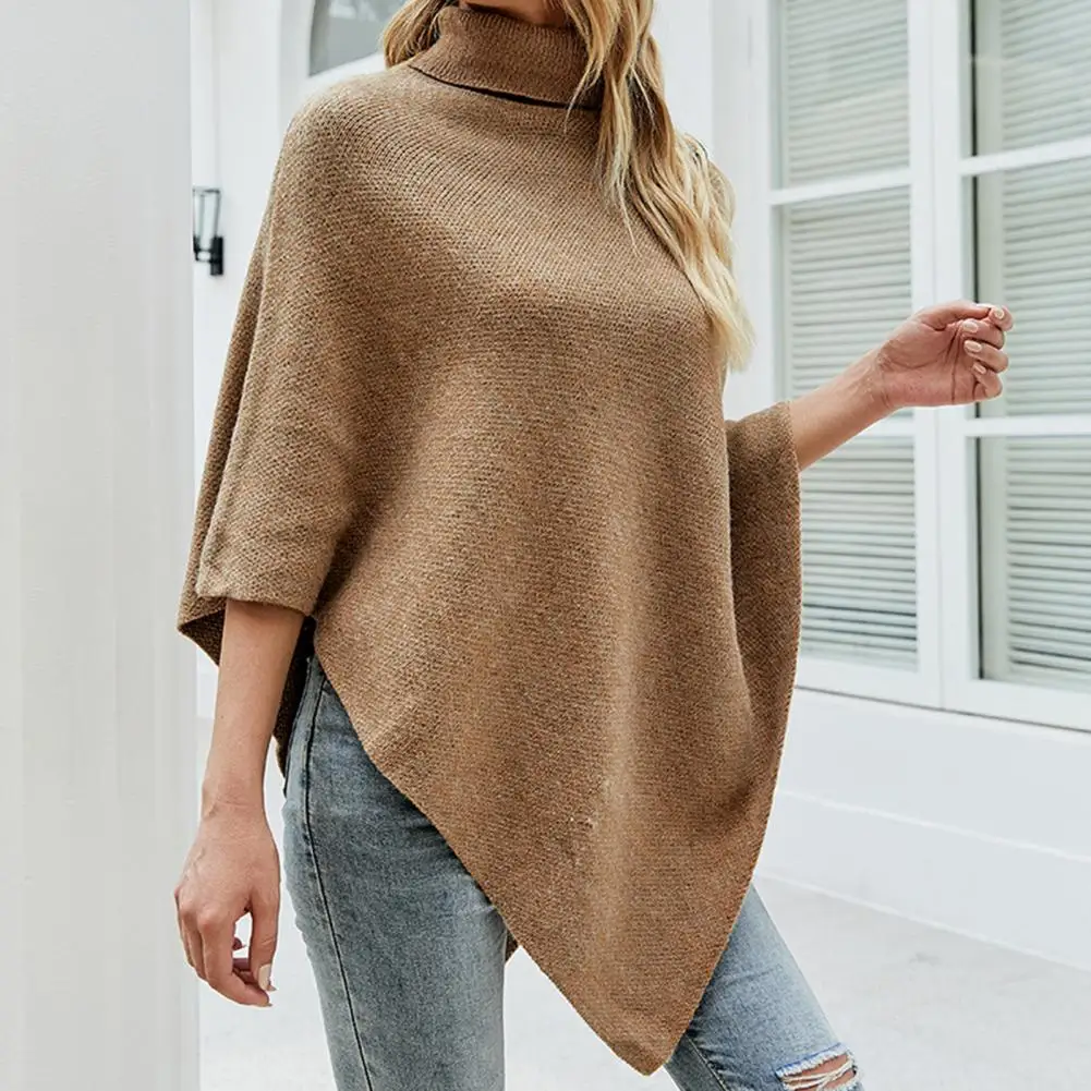 Women Sweater Tops Solid Color Cape Style High Collar Sweater Coat Loose Fit Button Decoration Casual Commuting Knitting Top