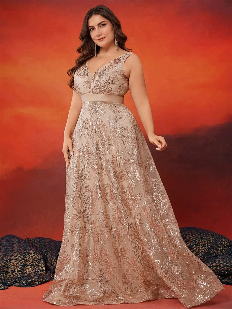 PLUS ขนาดหรูหราลึก V คอเลื่อมทองชุดราตรี A-Line 2025 ผู้หญิง Elegant V-Back งานแต่งงานชุดราตรียาวค็อกเทลชุด